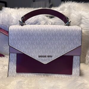 Michael Kors White and Purple Satchel, crossbody band.